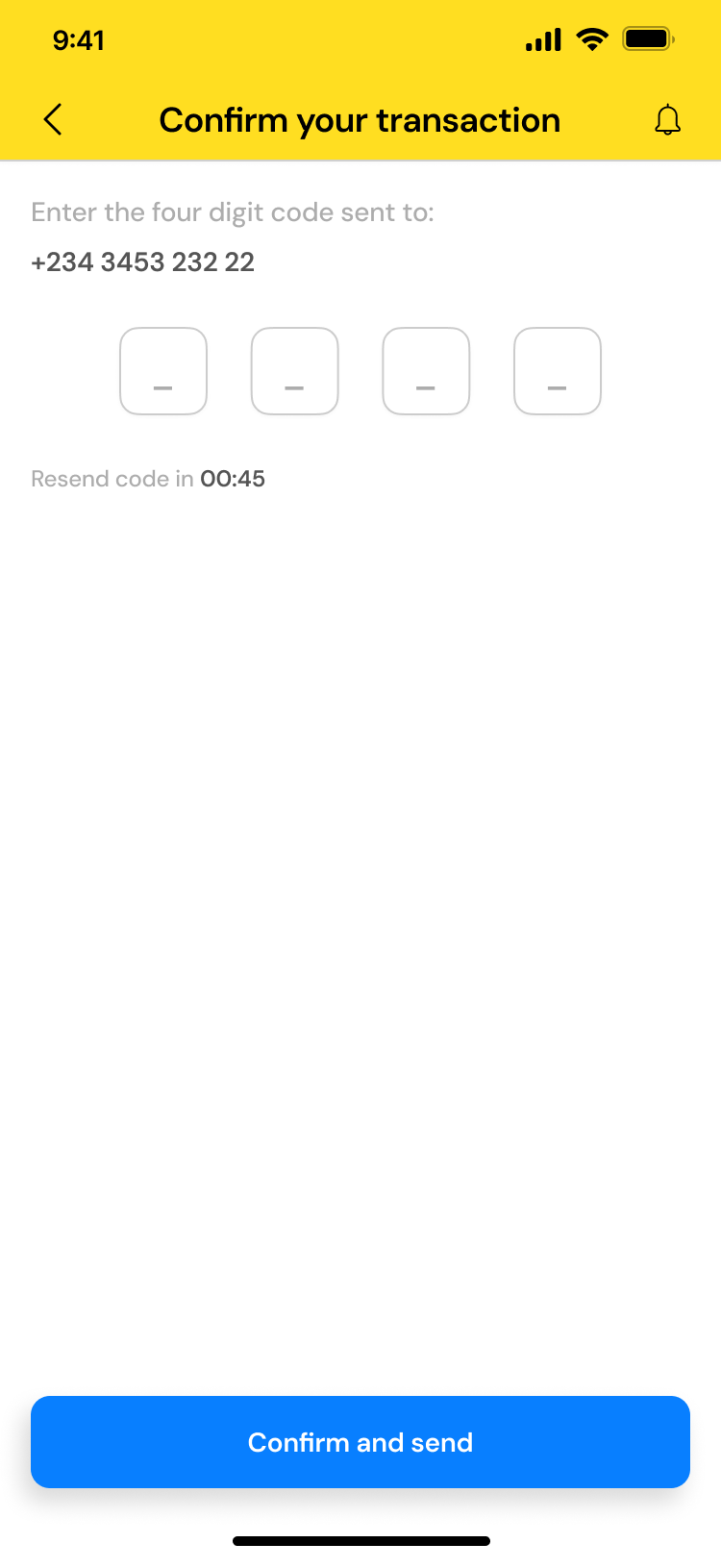 Pybber screen asking for the security code to confirm a transfer