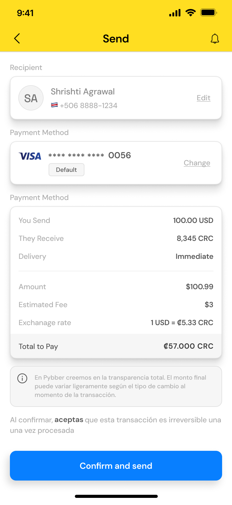 Pybber screen to review a transfer: amount, fee and exchange rate before confirming