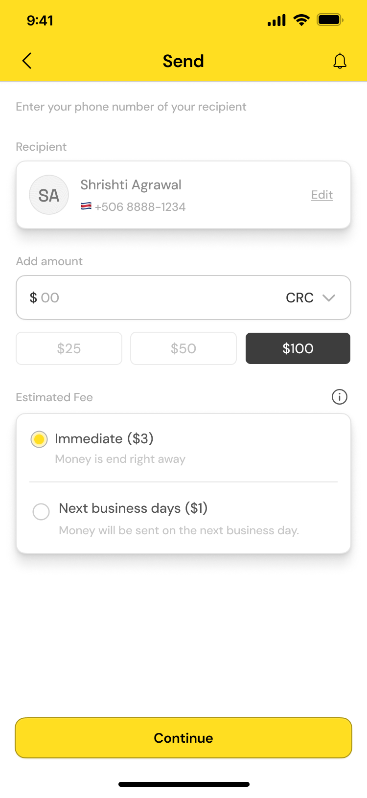 Pybber send money screen