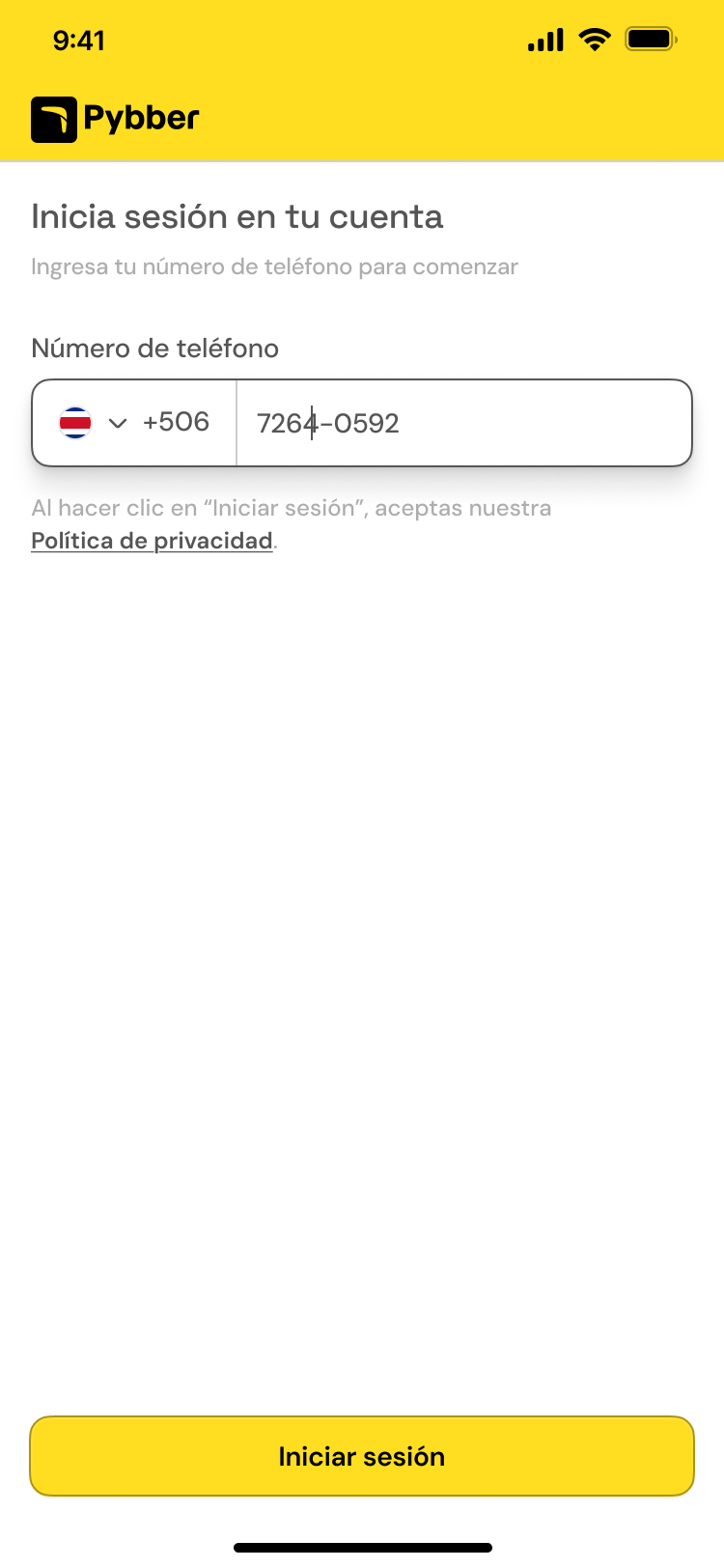 Pybber sign-in screen with phone number